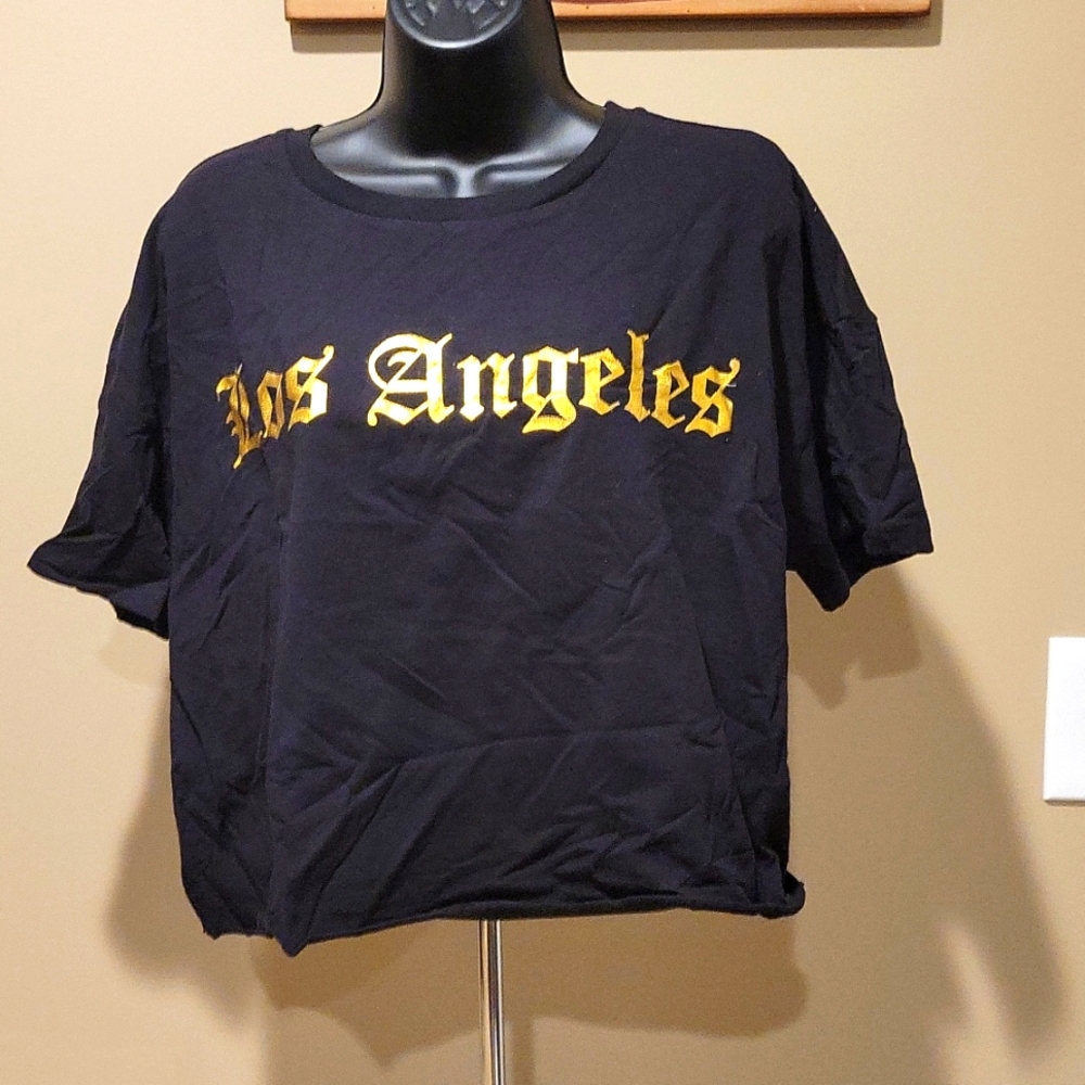 EUC Forever 21 Glittery Gold "Los Angeles" Crop Tee  OX